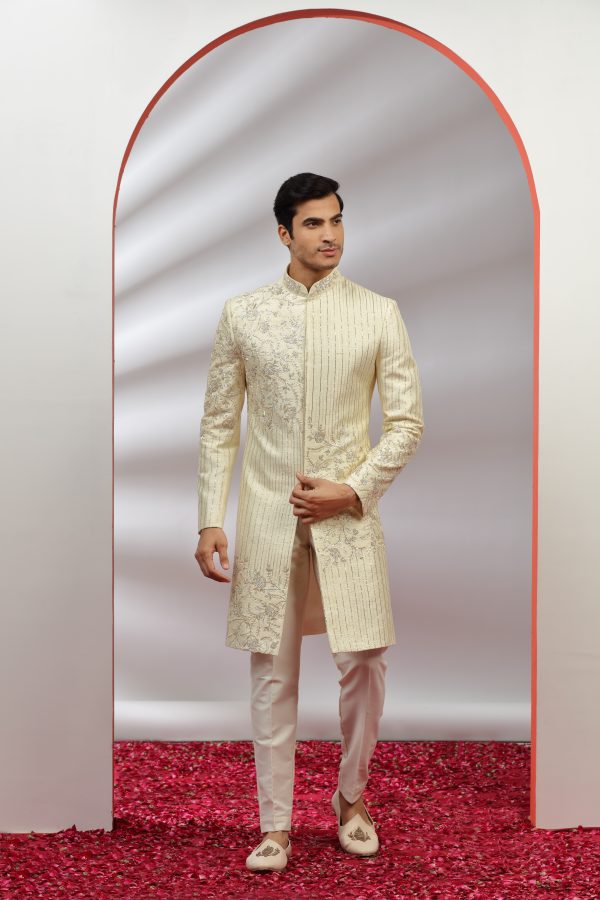Pastel Yellow Hand Embroidered Sherwani Set