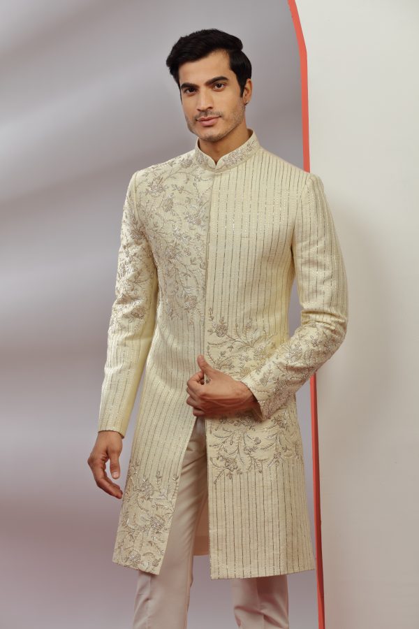 Pastel Yellow Hand Embroidered Sherwani Set - Image 2