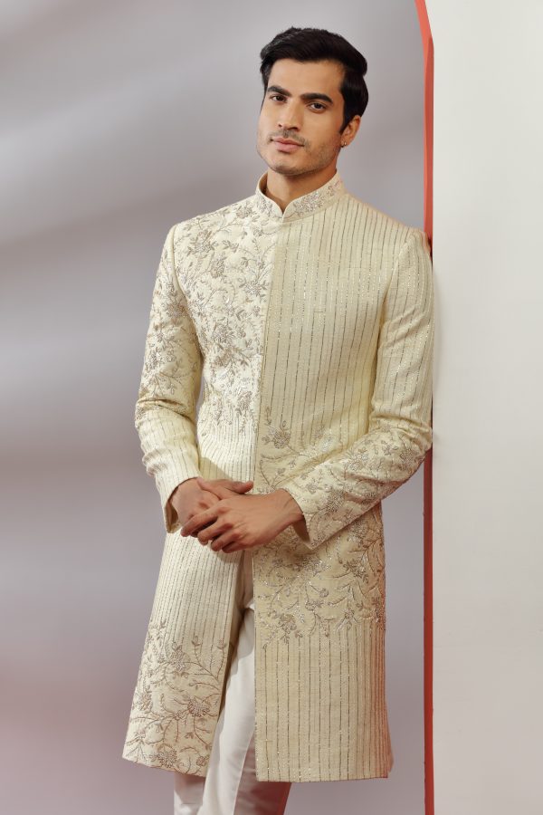 Pastel Yellow Hand Embroidered Sherwani Set - Image 3