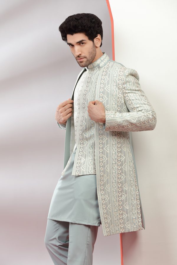 Pastel Mint Green Embroidered Indowestern Set - Image 3