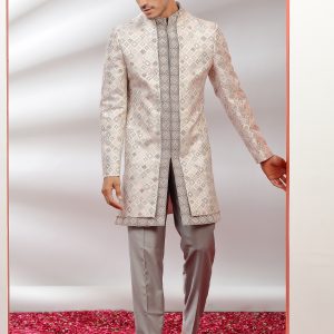 Grey & Pink Embroidered Indowestern Set