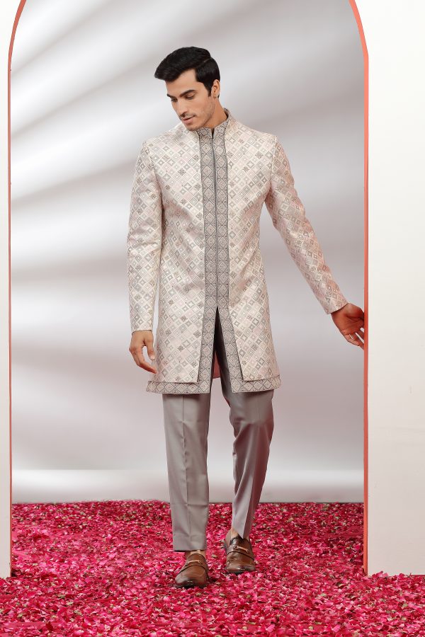 Grey & Pink Embroidered Indowestern Set