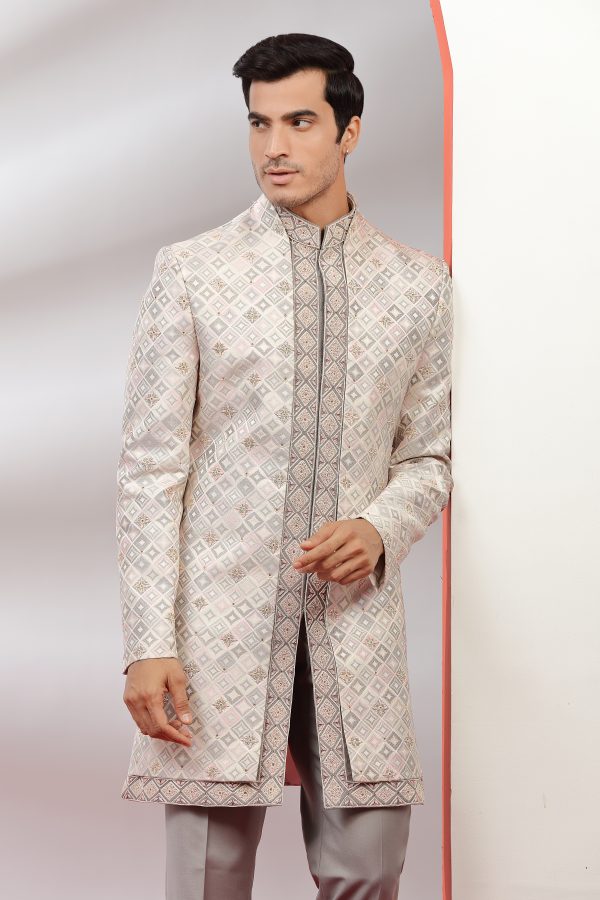 Grey & Pink Embroidered Indowestern Set - Image 3