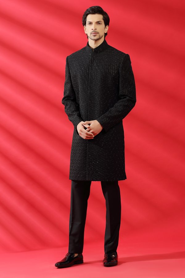 Black Embroidered Indowestern Set