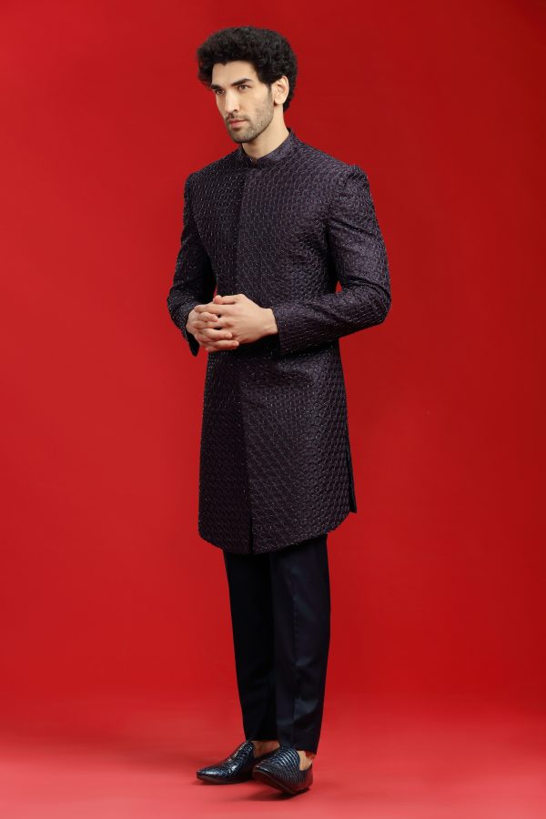 Navy Blue Embroidered Indowestern Set - Image 3