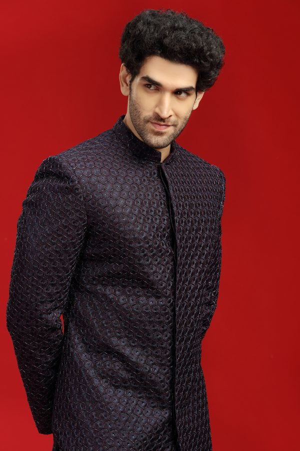 Navy Blue Embroidered Indowestern Set - Image 2