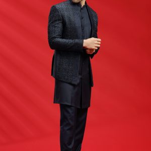 Navy Blue Embroidered Bandhgala Set
