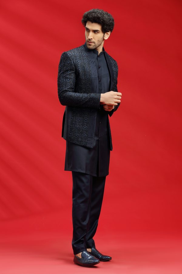 Navy Blue Embroidered Bandhgala Set