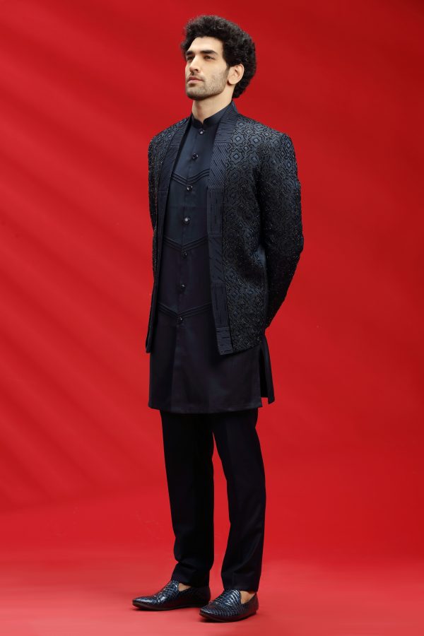 Navy Blue Embroidered Bandhgala Set - Image 2