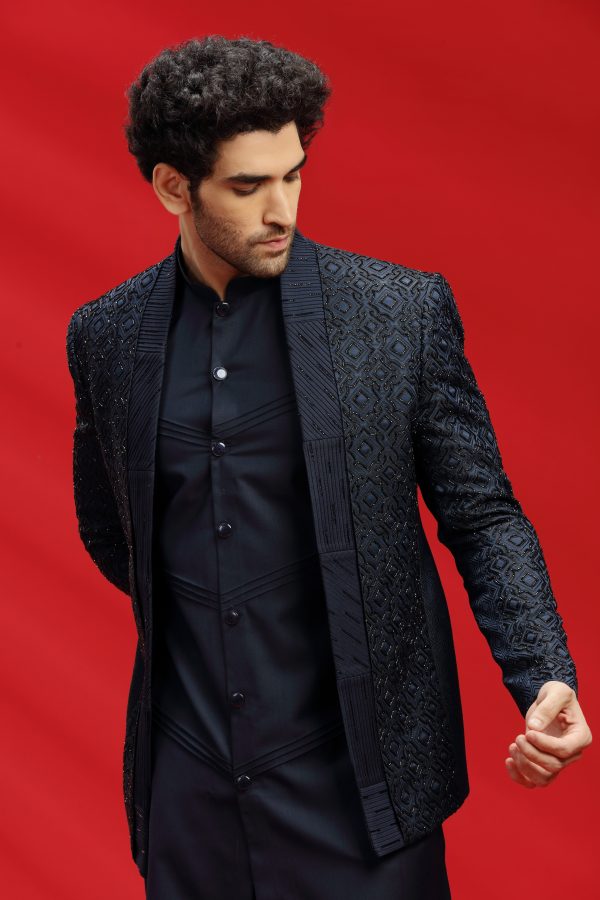 Navy Blue Embroidered Bandhgala Set - Image 3