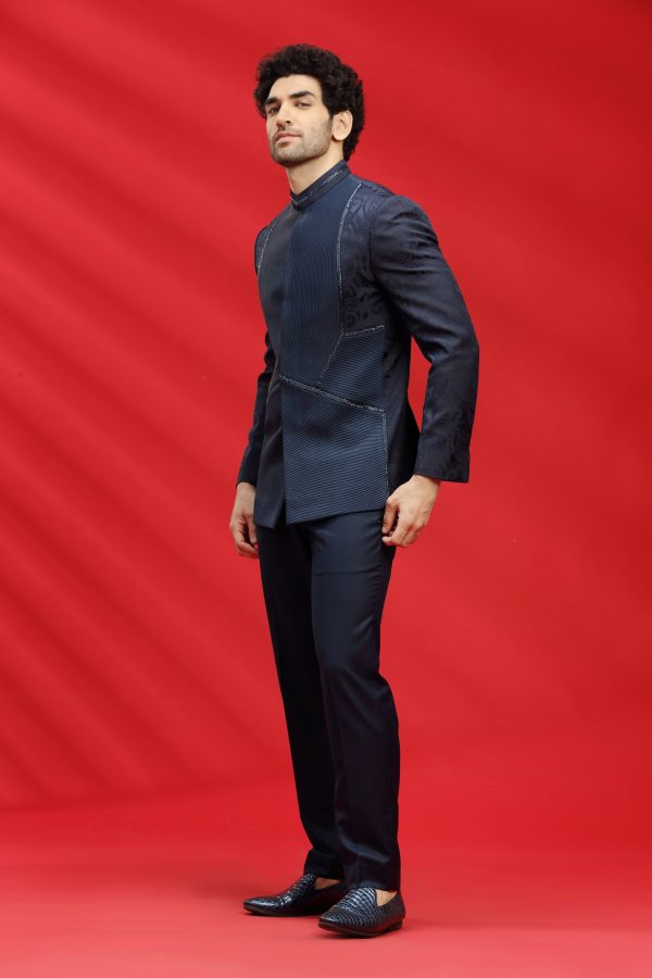 Navy Blue Jacquard Bandhgala Set - Image 2