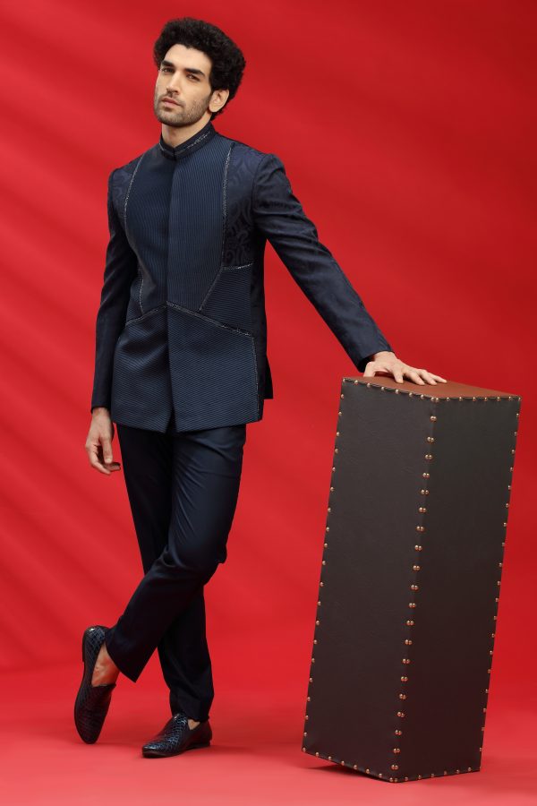 Navy Blue Jacquard Bandhgala Set