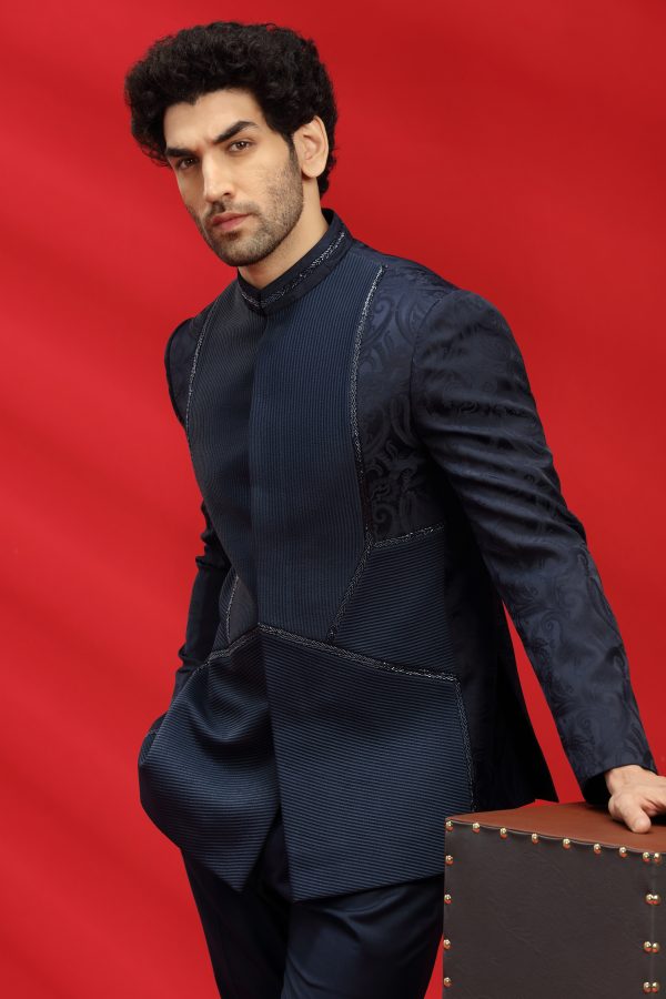Navy Blue Jacquard Bandhgala Set - Image 3