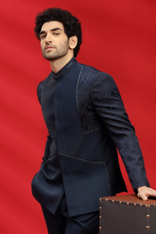 Navy Blue Jacquard Bandhgala Set - Image 4