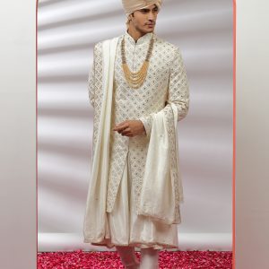 Off-White Hand Embroidered Sherwani Set - 1