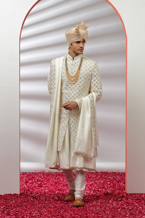Off-White Hand Embroidered Sherwani Set - 2