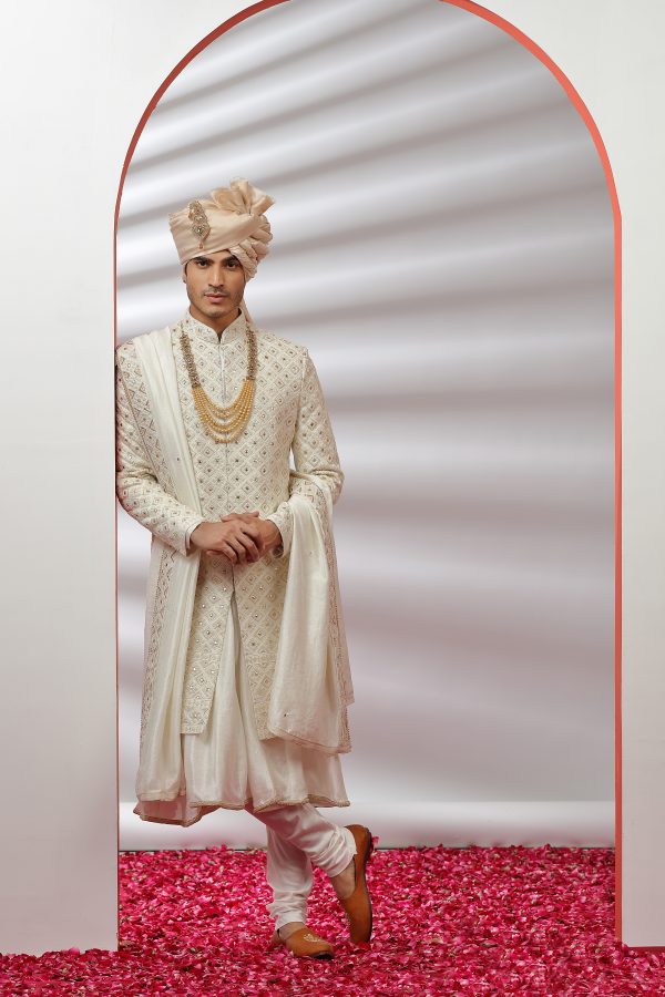 Off-White Hand Embroidered Sherwani Set - 2 - Image 2