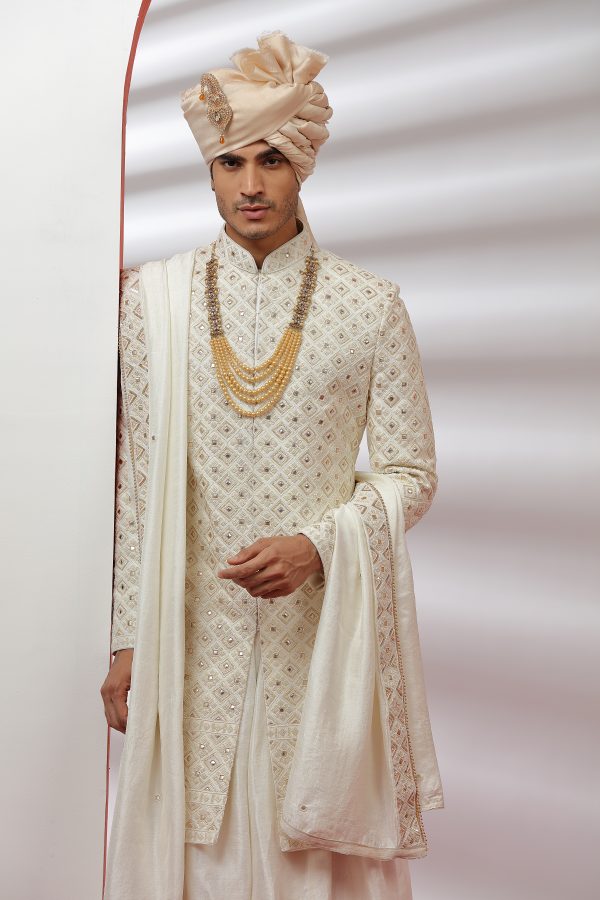 Off-White Hand Embroidered Sherwani Set - 2 - Image 3