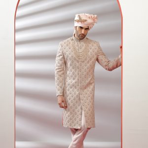 Light Pink Silk Sherwani with Handwork - 1