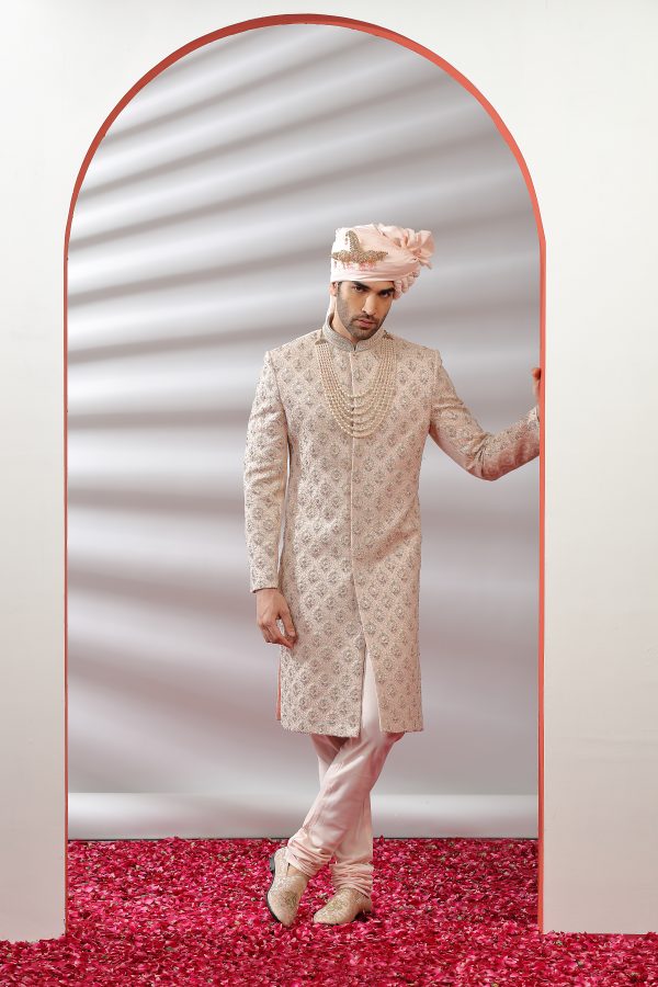 Light Pink Silk Sherwani with Handwork - 1
