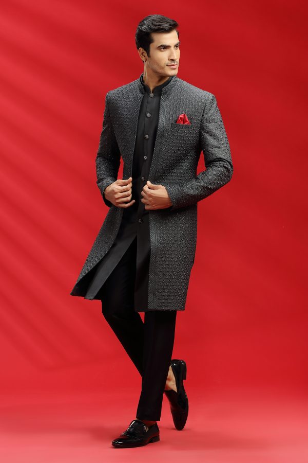 Charcoal Embroidered Indowestern Set