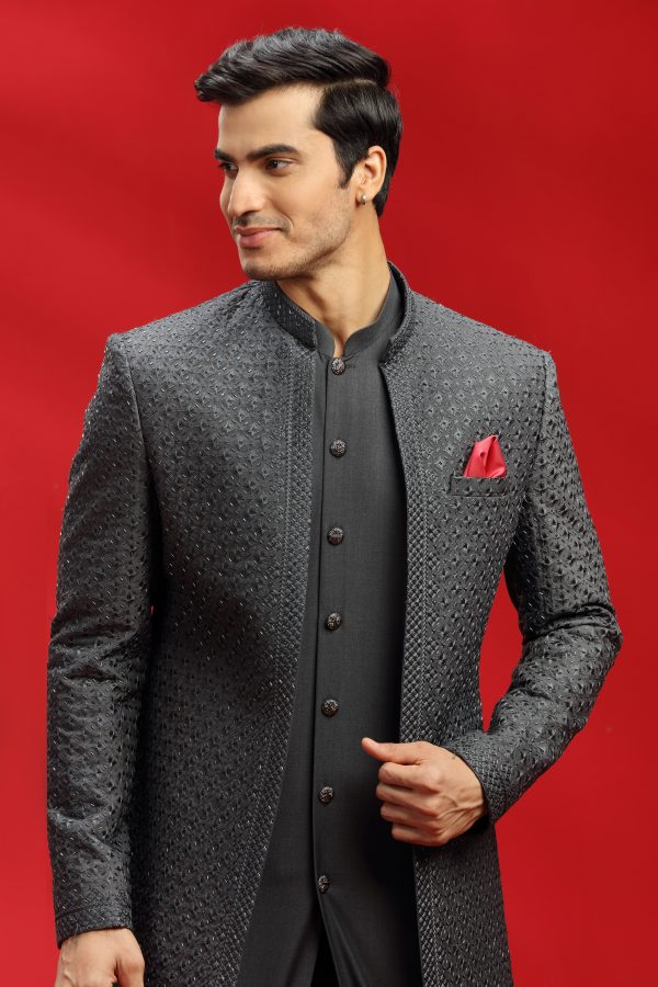 Charcoal Embroidered Indowestern Set - Image 3